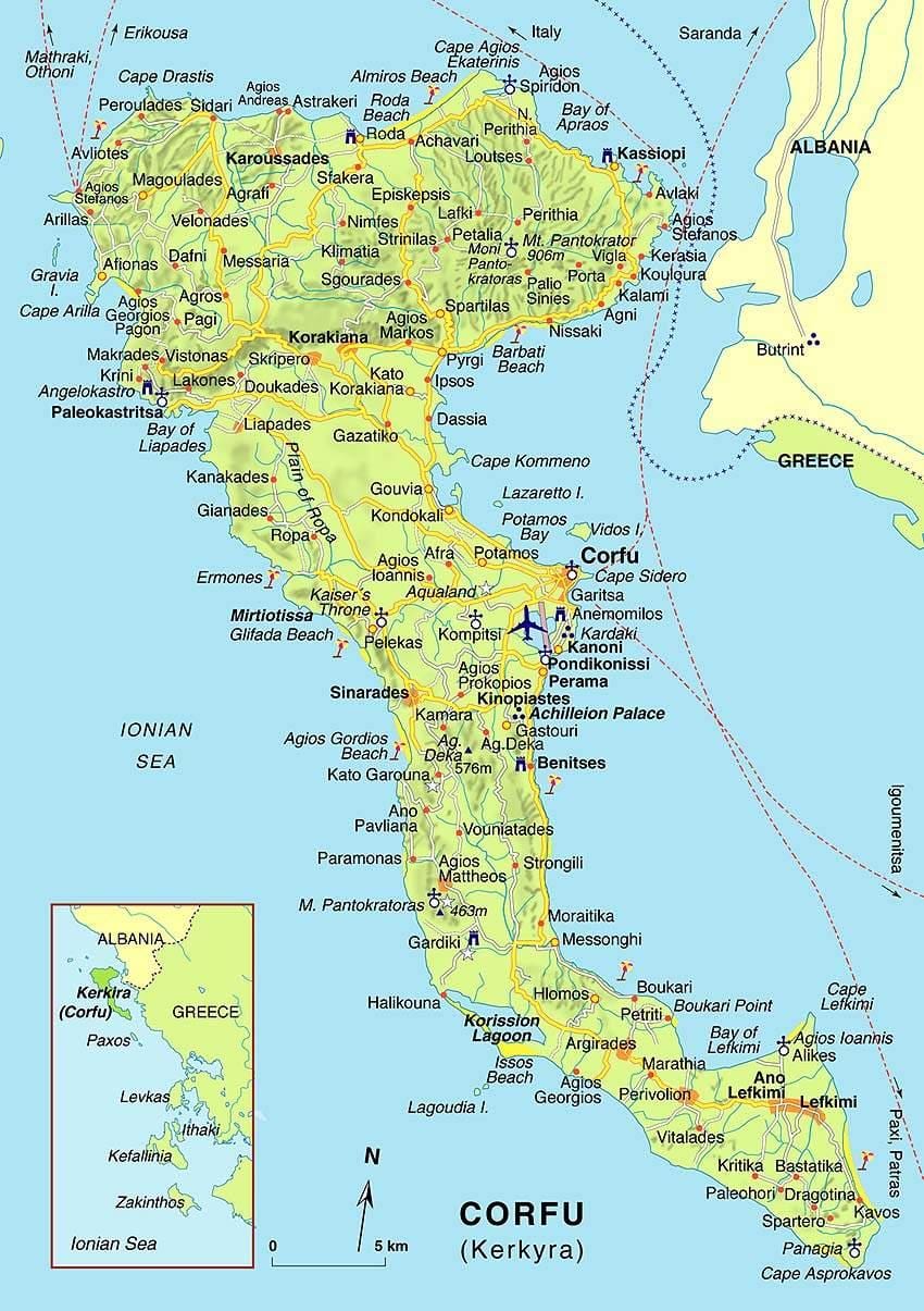 mapa de Corfú, Grecia