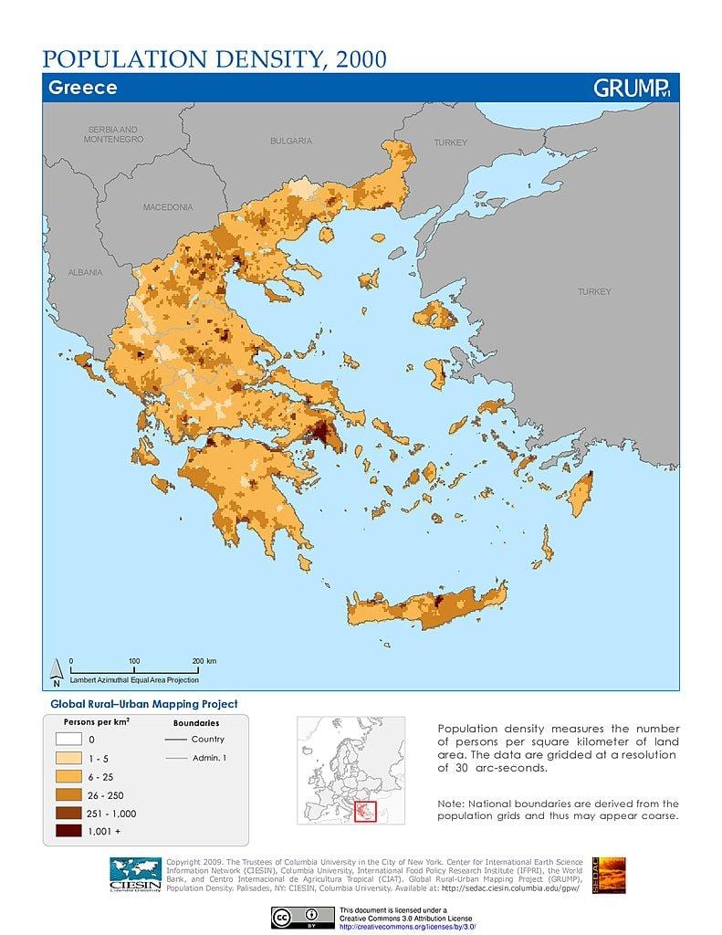 densidad de población mapa de Grecia