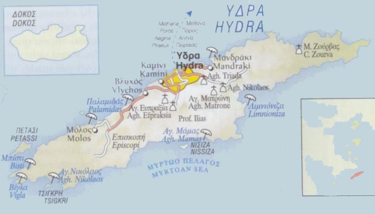 mapa de Hydra, Grecia
