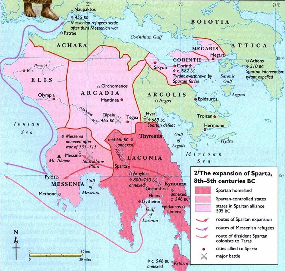 mapa de la antigua Grecia, Esparta