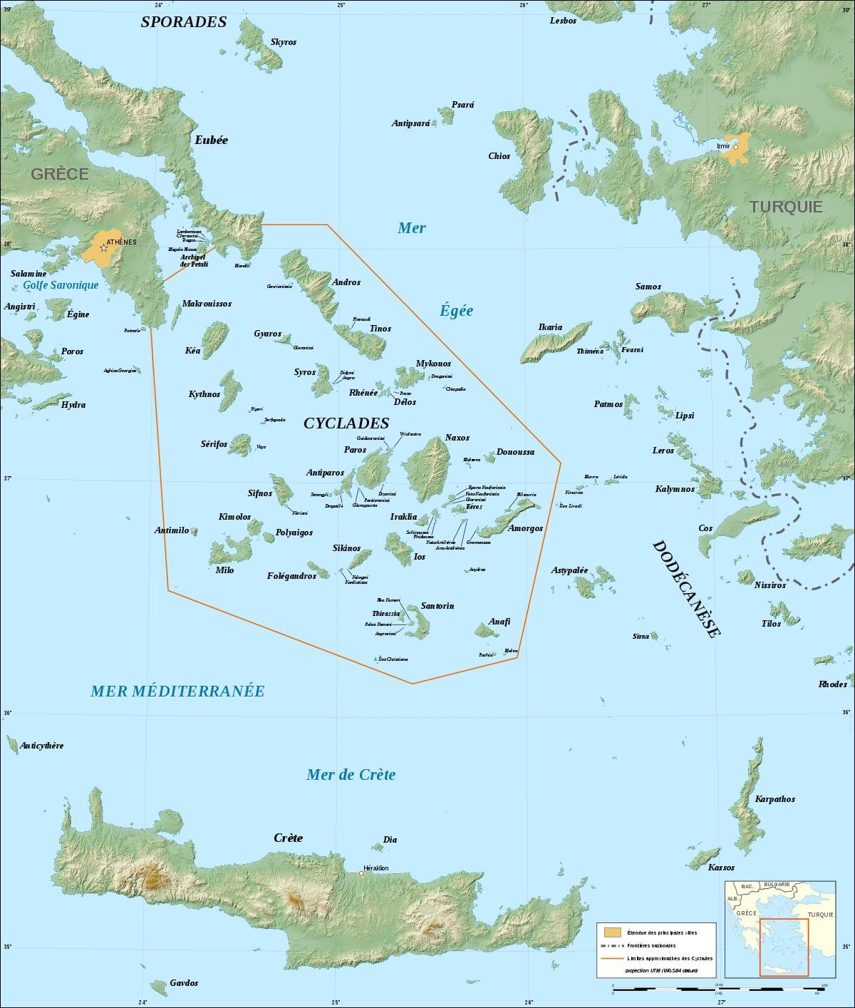 mapa de las Cícladas, las islas griegas