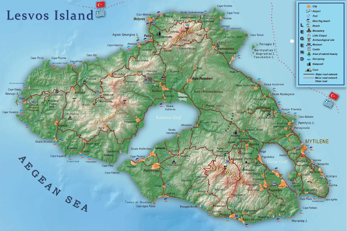 mapa de Lesvos, Grecia
