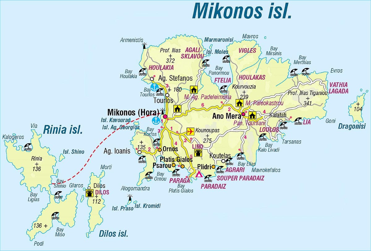 mapa de Mykonos, Grecia